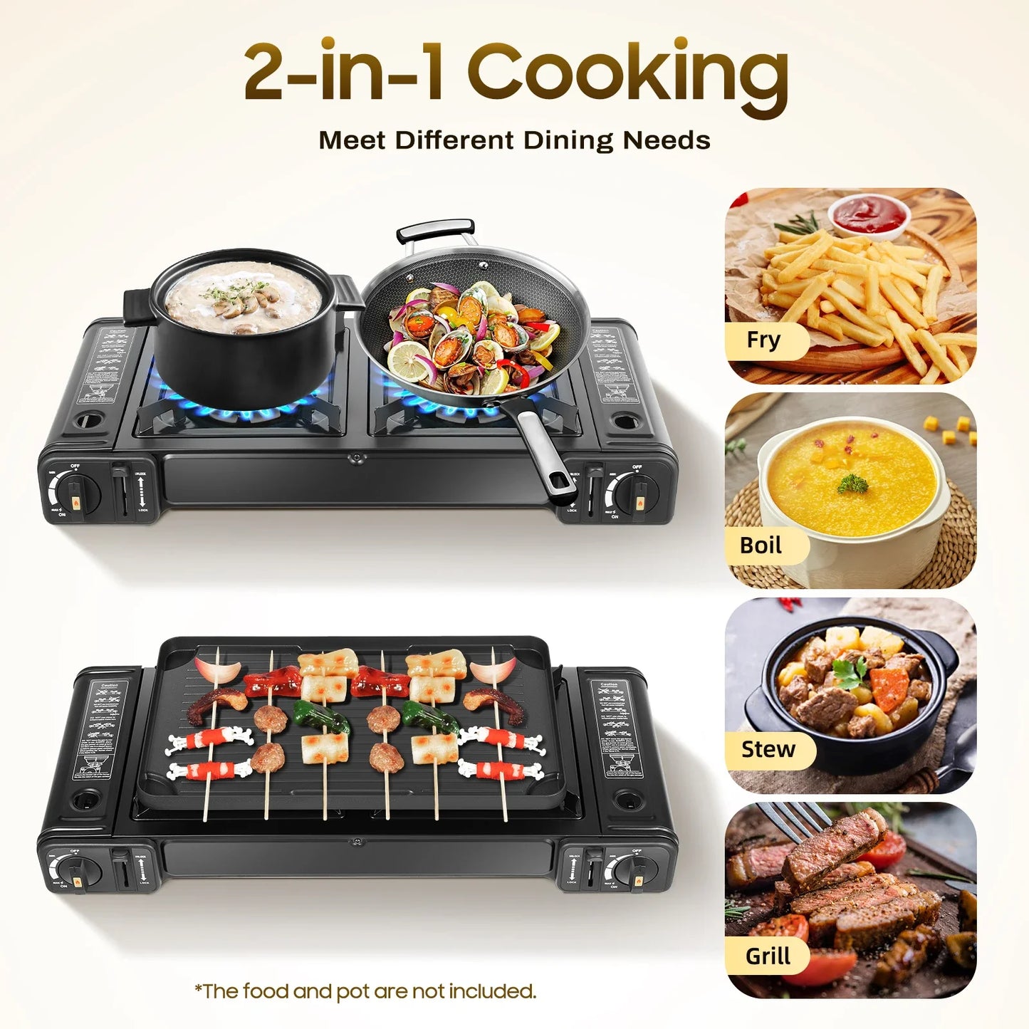 2-Burner Butane Camping Stove, (with Grill Tray)