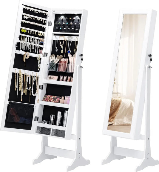 Mirror Jewelry Cabinet, Jewelry Armoire with LED Lights,