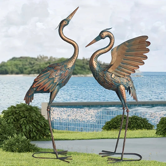 Metal Crane Sculptures Decor, Garden Statues Bird Art